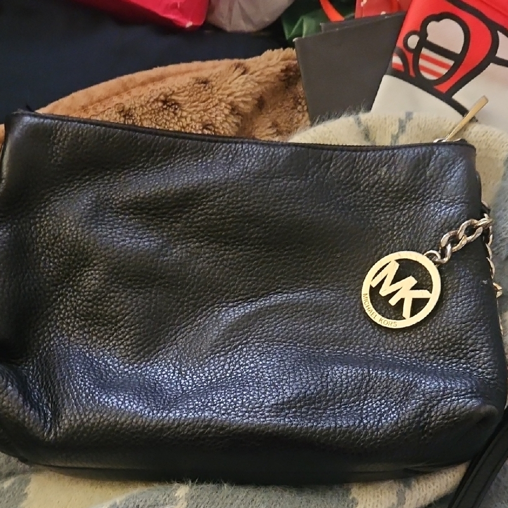 Michael Kors Black Leather Wristlet with Gold Charm